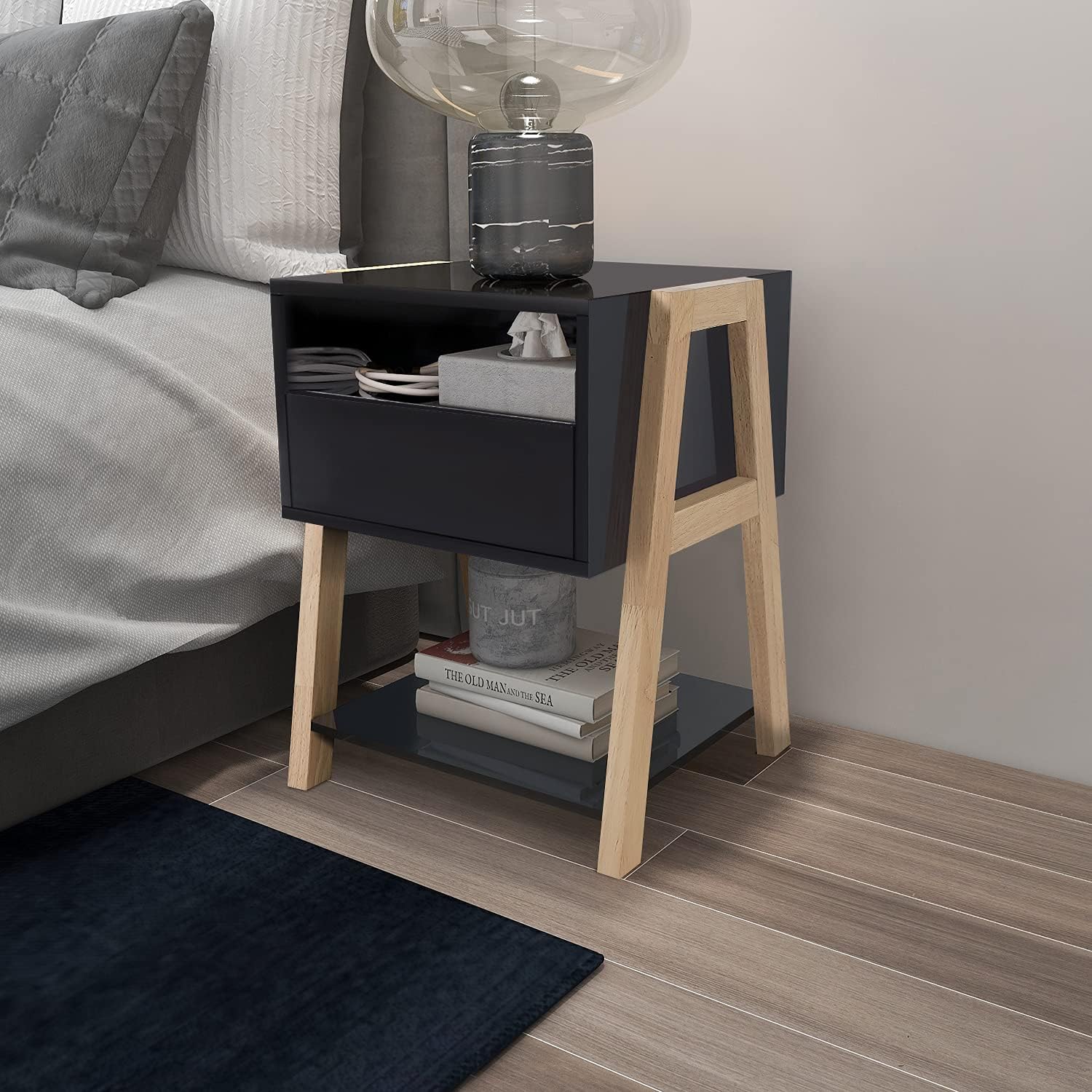 TaoHFE Nightstands Bedroom Set of 2 with Drawer Storage Shelves,Night Stands Side Tables for Living Room/Bedroom/Office,Black : Home & Kitchen