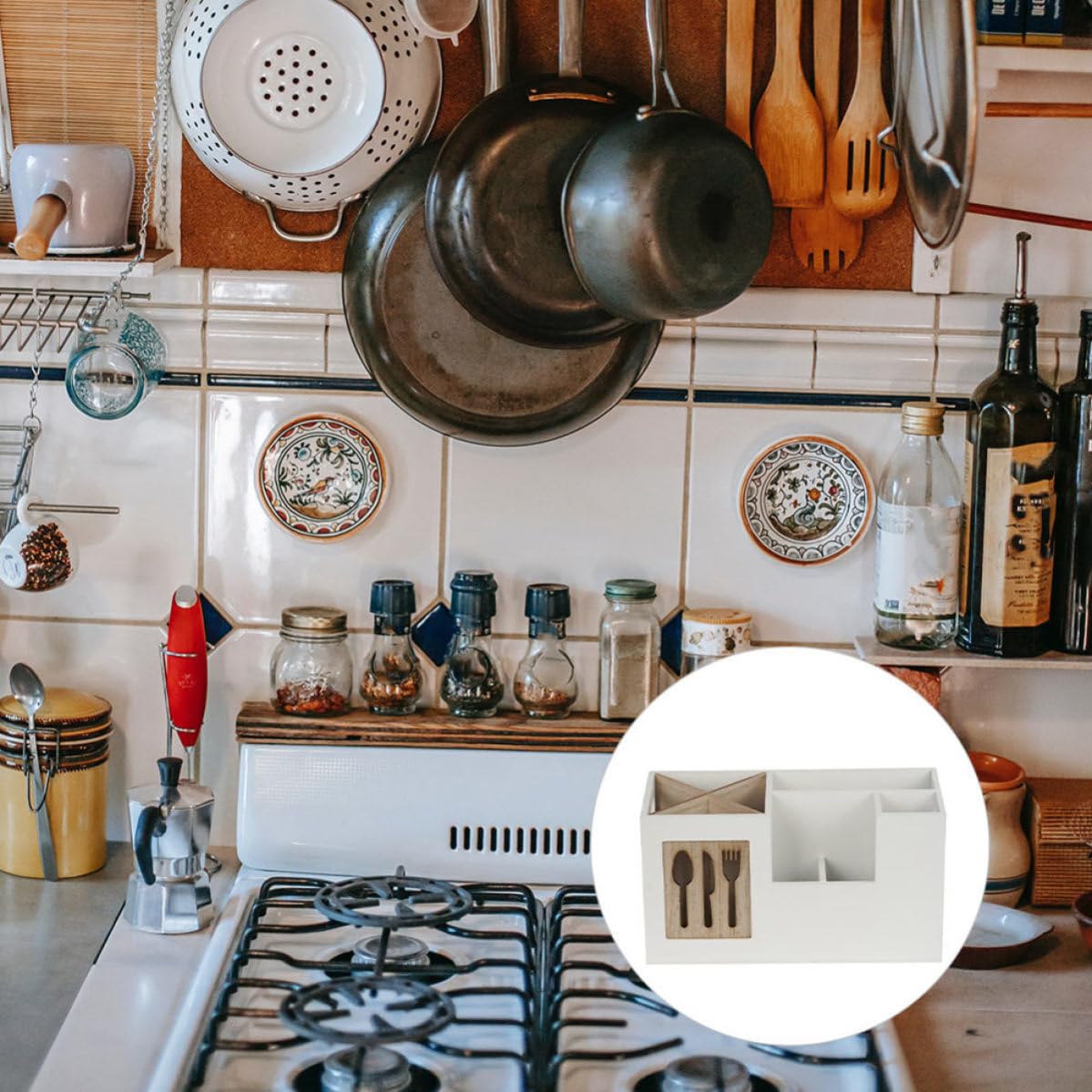 Angoily Boîte de Rangement pour Ustensiles Cuisine en Bois Blanc, Résistante aux Rayures, pour Organiser Couverts et Garder Ustensiles Accessibles Cuisine