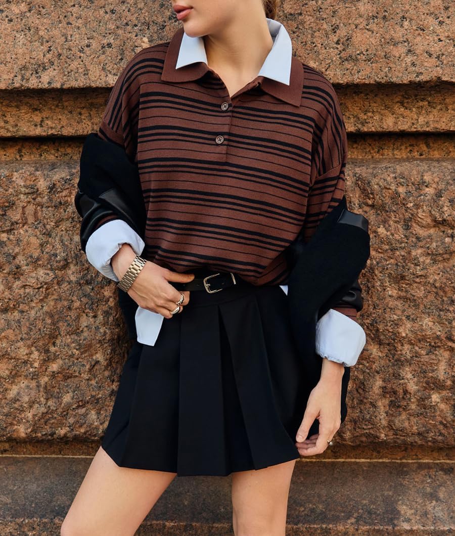 Giraropa Women Vintage Striped Polo Sweater Long Sleeve Lapel V Neck Knit Pullover Sweaters Fall Casual Tops - Image 4