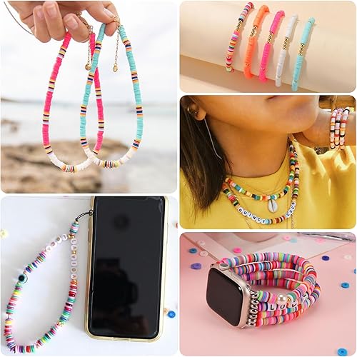 Miniatura 5 de Yochus Kit de pulsera de cuentas de arcilla de 50 hebras, 19000 unidades, cuentas planas redondas de arcilla polimérica de 0.236 in, cuentas Heishi