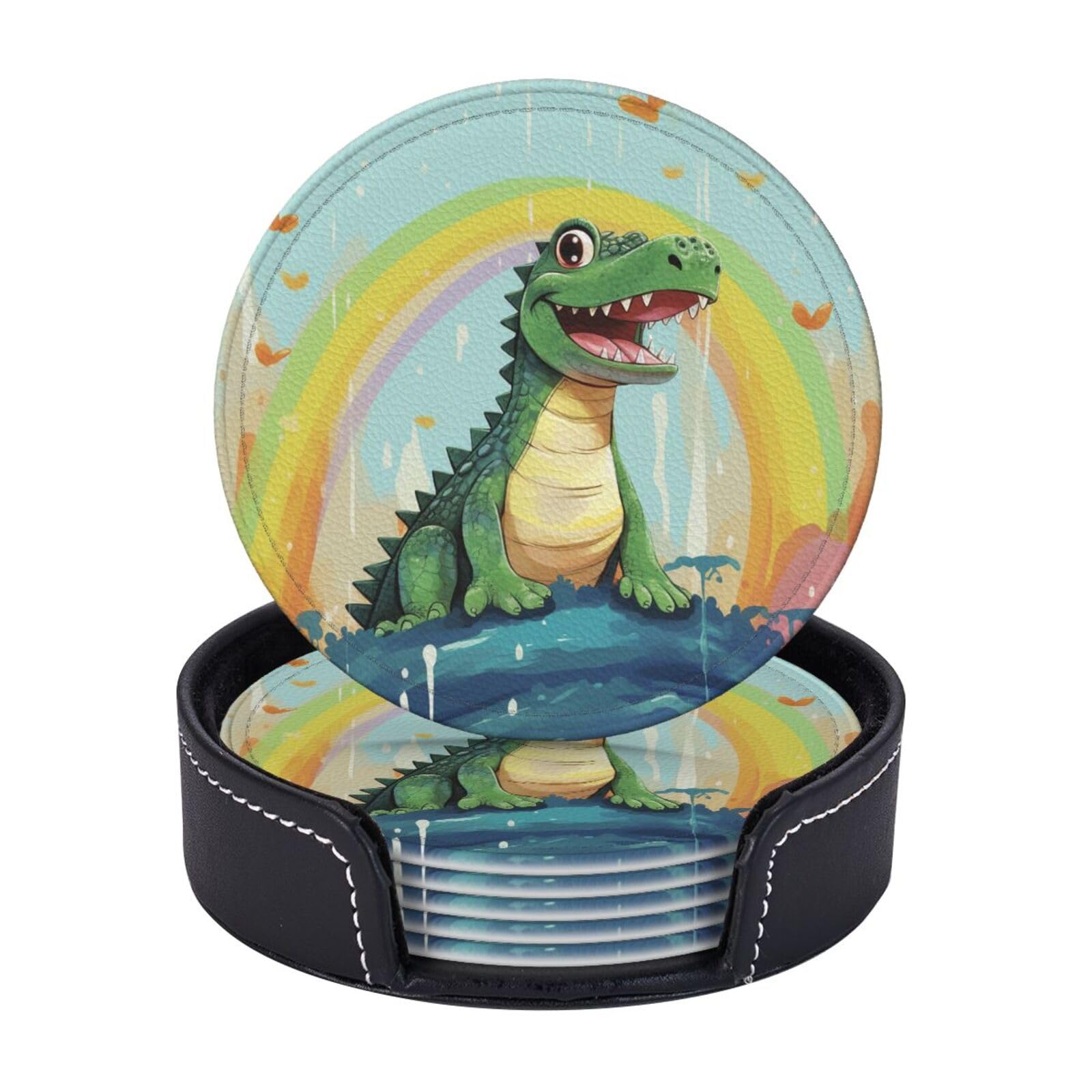 6PCS Drink Coasters with Holder, 4" Leather Coasters for Drinks, Cute Crocodile Rainbow Cup Coasters for Coffee Table Decor, Non-Slip Drinking Cup Mat for Hot or Cold Drink