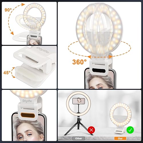 Miniatura 2 de Anillo de luz con clip, batería larga de 1000 mAh Anillo de luz Diyife Selfie, 360 + 90 ajustable, 60 LED, 10 niveles de brillo, anillo de luz