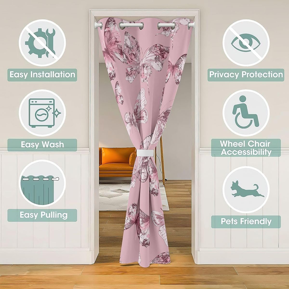 Butterfly Door Cover Curtain 1 Panel 52"x80" Butterflies Print Closet Door Cover Curtain for Bedroom Living Room Pastel Print Door Curtain for Doorway Privacy Pink Butterfly Window Treatments