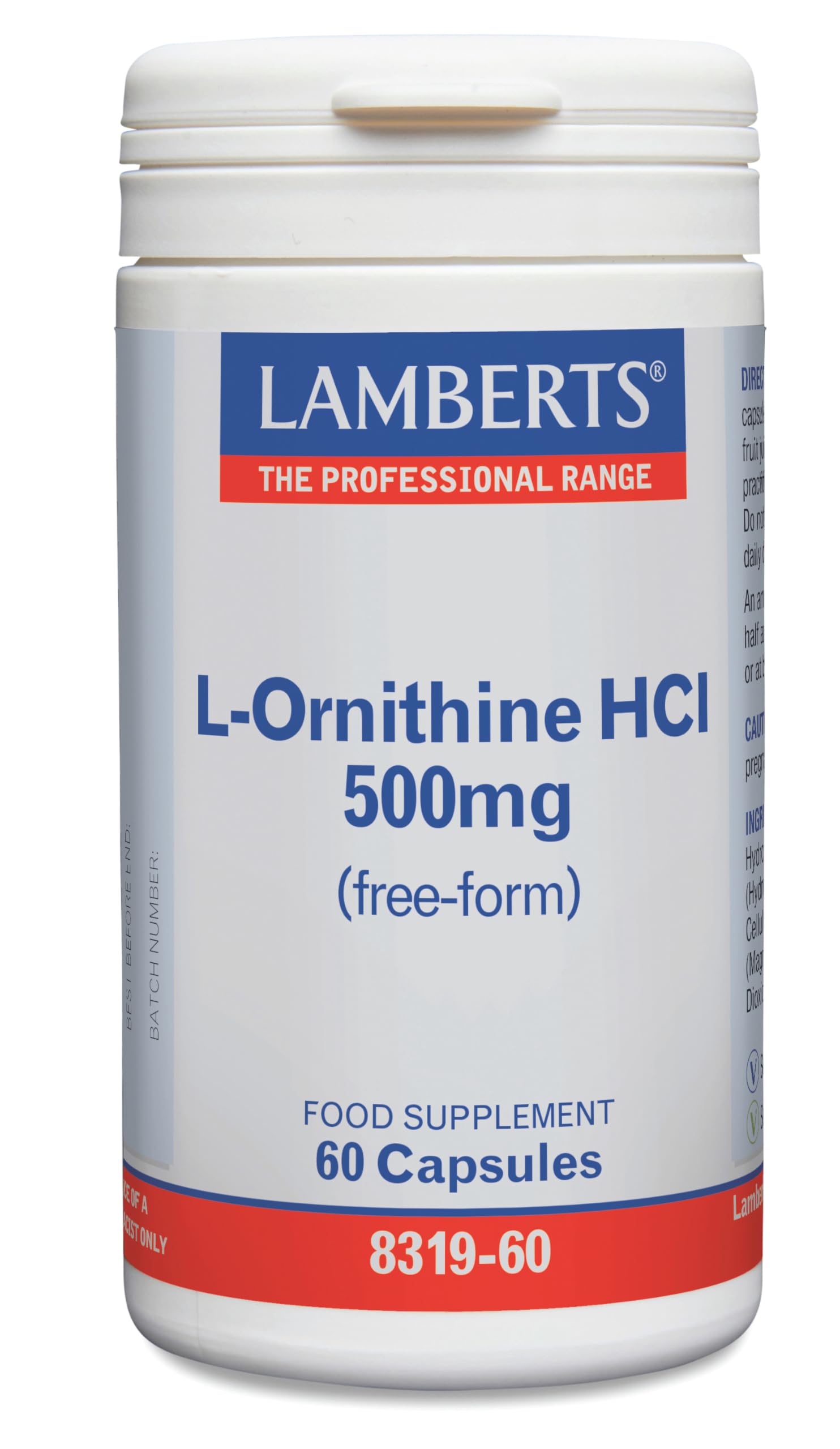 Lamberts L-Ornithine 500mg Capsules – Free Form Amino Acid – High Absorption Formula – 60 Vegan Capsules