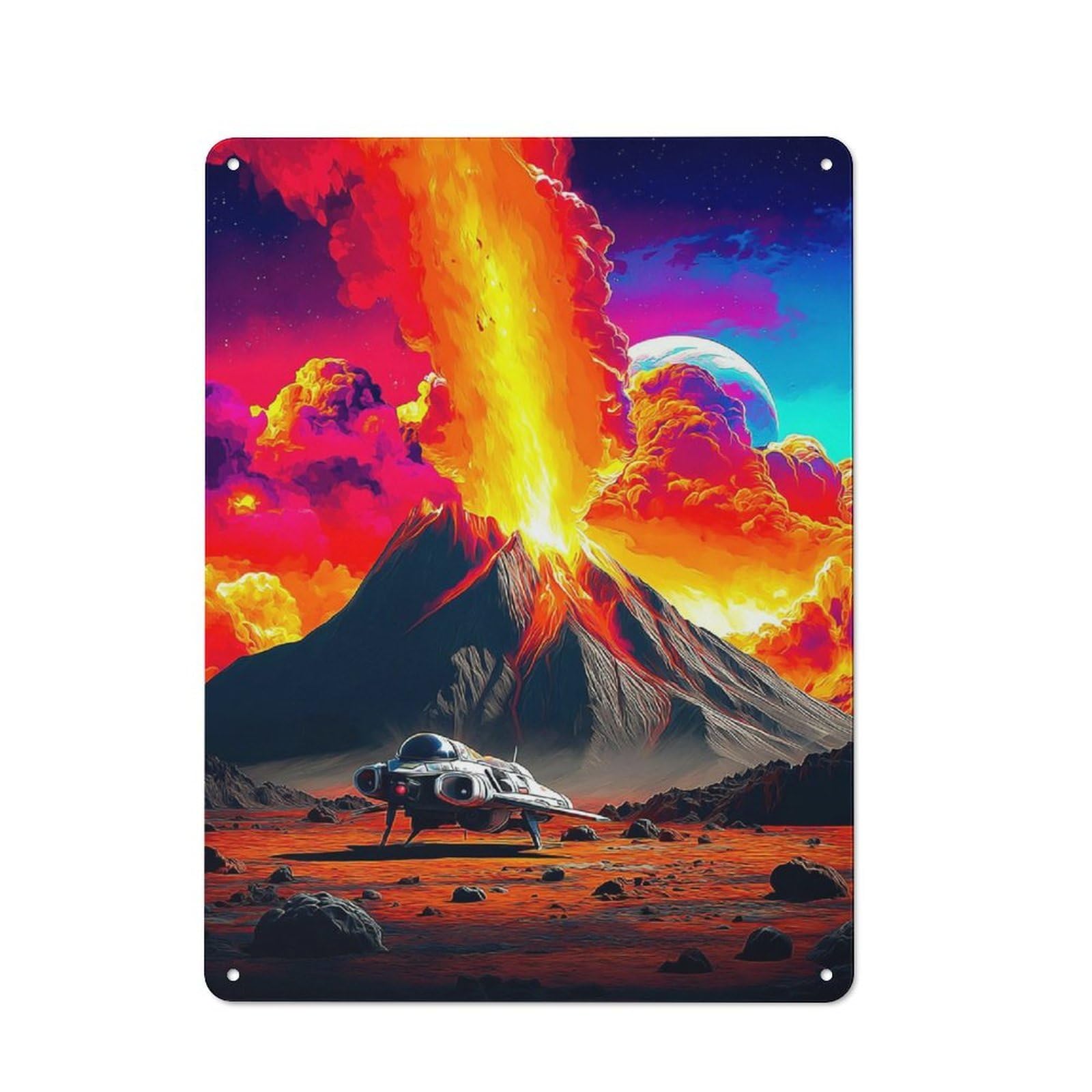 Junmoney Volcanic Alien Planet With Spaceship Retro Tin Sign 40X30cm For Guest Room Or Hallway, For Kitchen, Dining Room And Home Bar Wall Decor