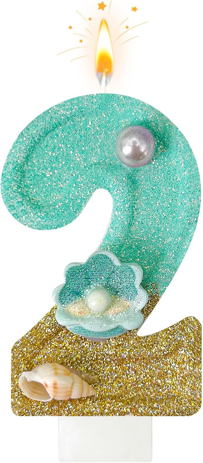Birthday Candles, Blue Beach Number 2 Candles Decorated with Conchs and Pearls for Cake Topper, Suitable for Mermaid Cake Decorations, Ocean Theme Birthday Decor (Number 2, Blue)