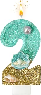 Birthday Candles, Blue Beach Number 3 Candles Decorated with Conchs and Pearls for Cake Topper, Suitable for Mermaid Cake Decorations, Ocean Theme Birthday Decor (Number 2, Blue)