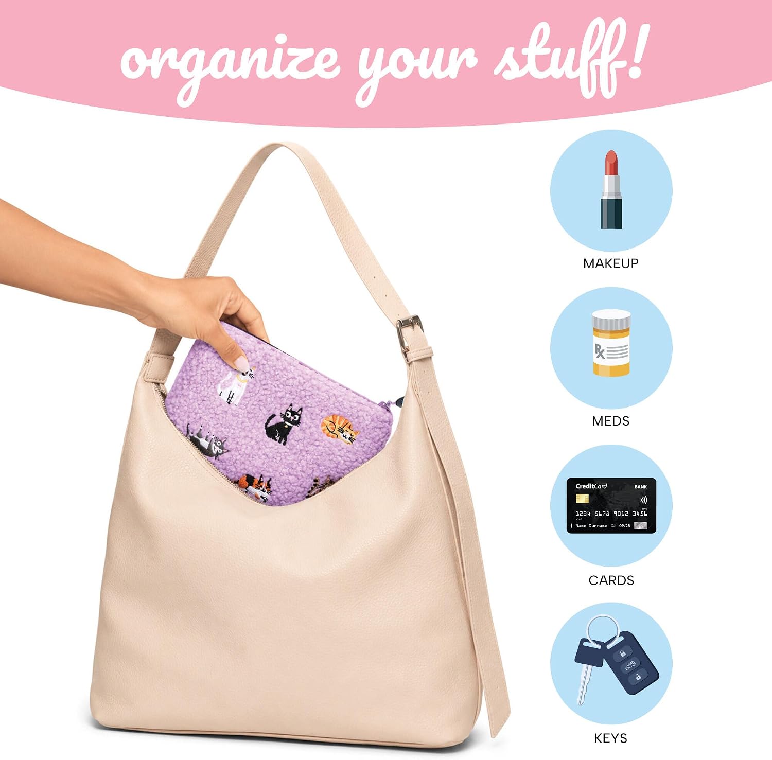 Snoozies Stashies Cute Embroidered Makeup Pouch for Purse (One Size, Pink)
