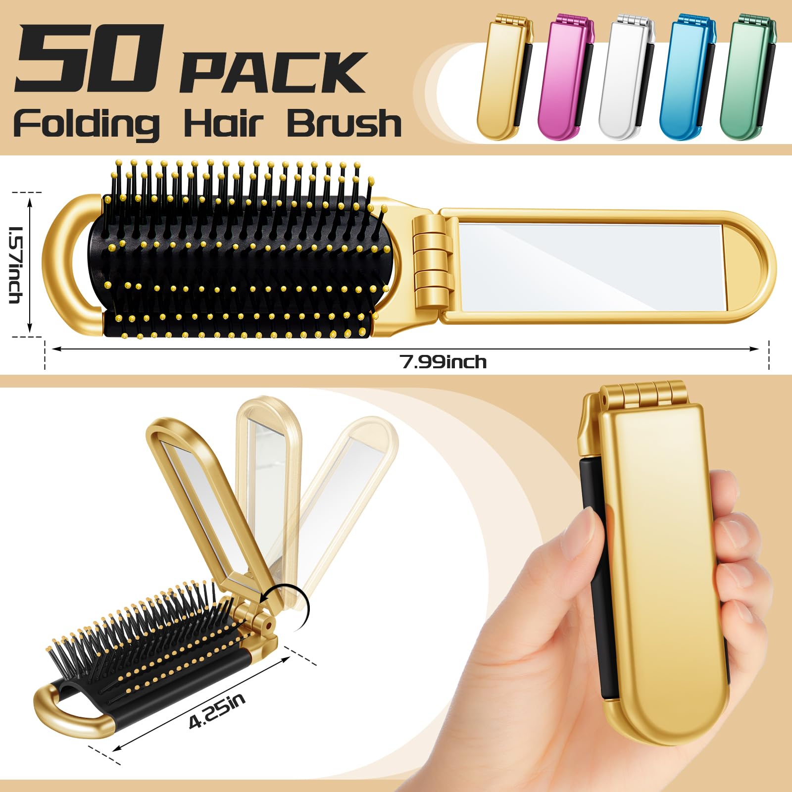 Uiifan 50 cepillos de viaje compactos portátiles plegables con espejo tamaño de bolsillo mini cepillo de pelo para hombres y mujeres, herramientas de peinado para el cabello, bolso, coche, gimnasio,