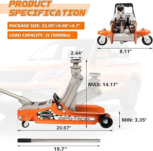 Miniatura 3 de Donext Gato de piso de 2 toneladas, gato hidráulico de piso de carreras de perfil bajo, liberación lenta, construcción de acero resistente, rango de