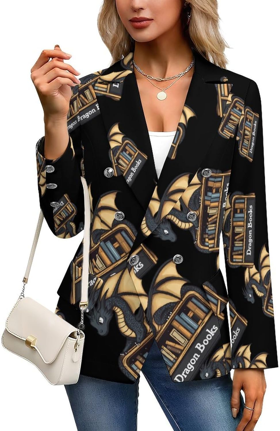 Dragon and Books Women's Blazer Long Sleeve Suits Business Casual Blazers Jackets Lapel Open Front Suit