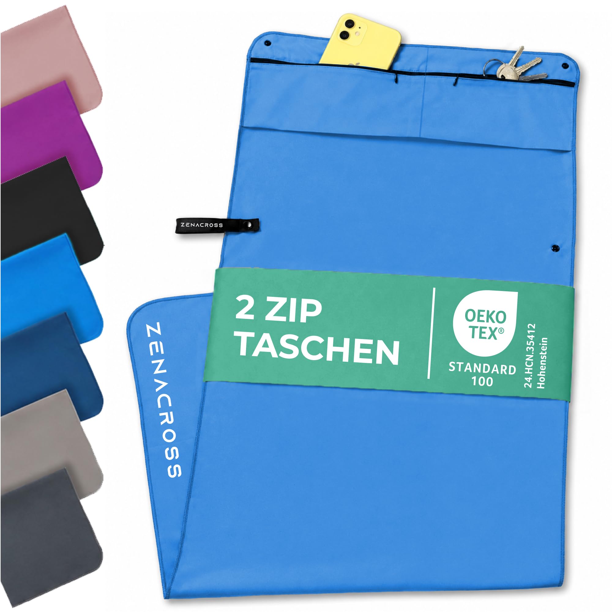 ZENACROSS Sporthandtuch Fitnessstudio aus Mikrofaser, Reißverschluss Tasche und Magnet | Gym Handtuch Kompakt, rutschfest & Schnelltrocknend | Fitness Handtuch Blau, 130 x 48 cm