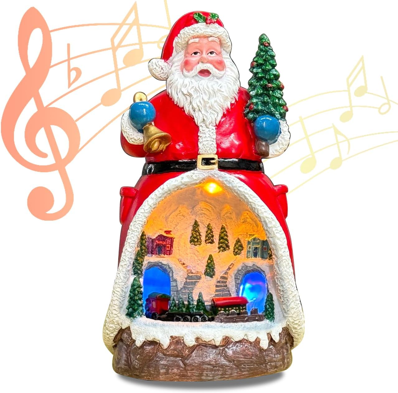 Animated Resin Santa Hold Christmas Tree and Bell,Village Figurines Musical Box with Rotating Train LED Light, Tabletop Christmas Home Decor Gift