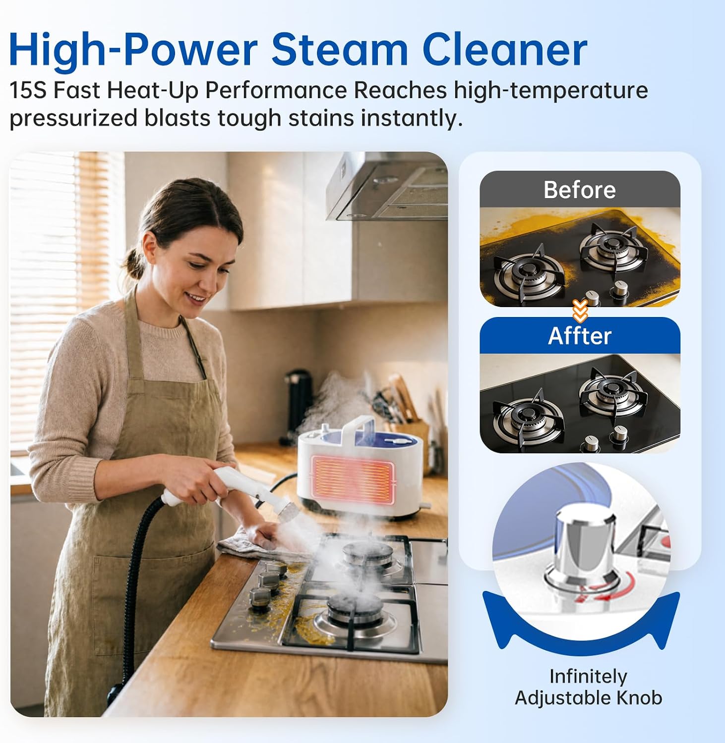 Handheld Steam Cleaner, 15s Fast Handheld Heating Steamer for Cleaning Stepless adjustment High Pressure Steam Cleaner for Home & Kitchen, Grease, Grout, Tile,Floor,Couch and Car
