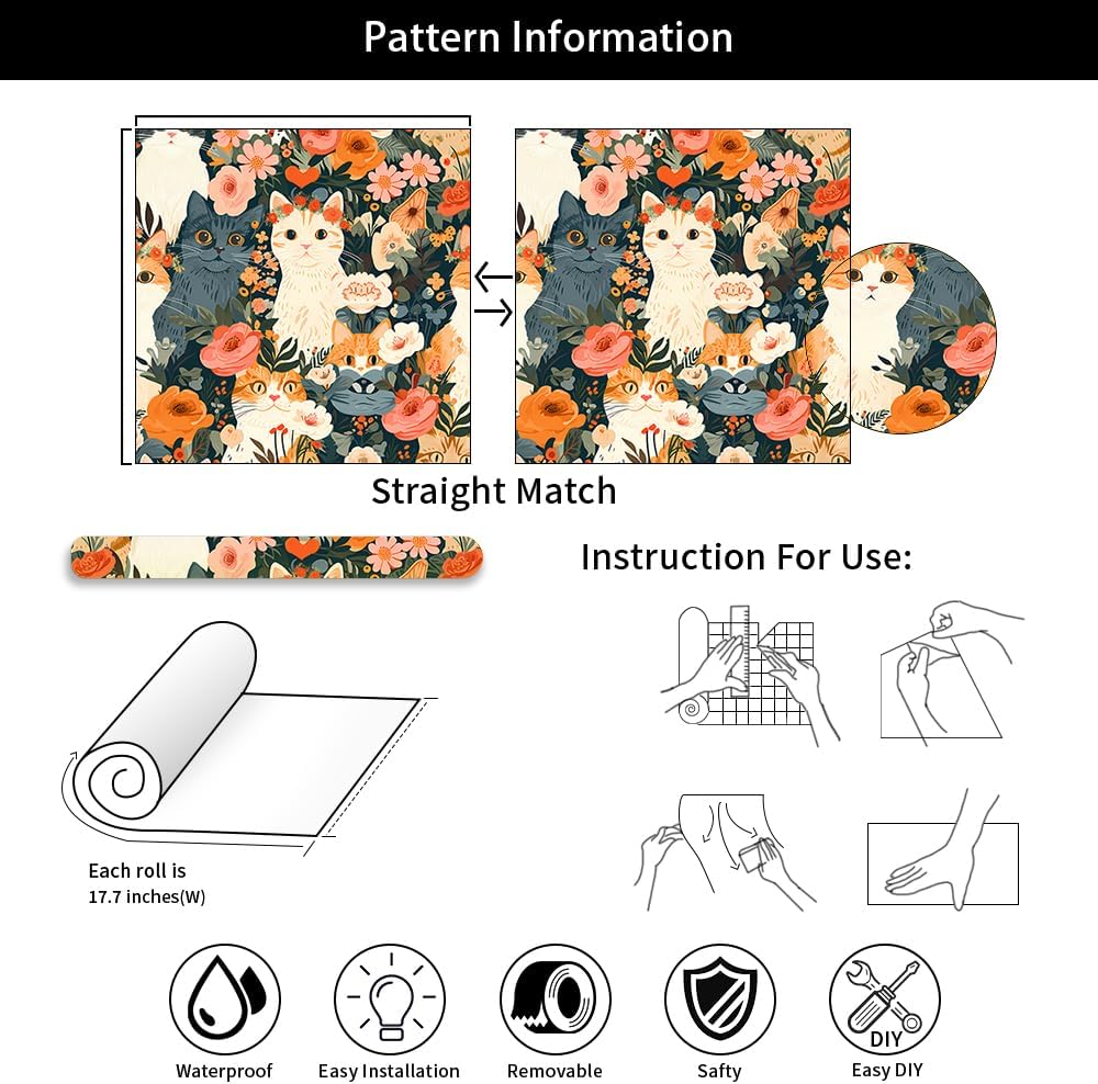 REDAMANCY Cute Dark Grey/Black/Beige Cat Pink Orange Flowers Garden Peel and Stick Wallpaper Stick on Contact Paper Vintage Wall Paper Easy Peel Off for nightstand Drawer Cabinet Renter