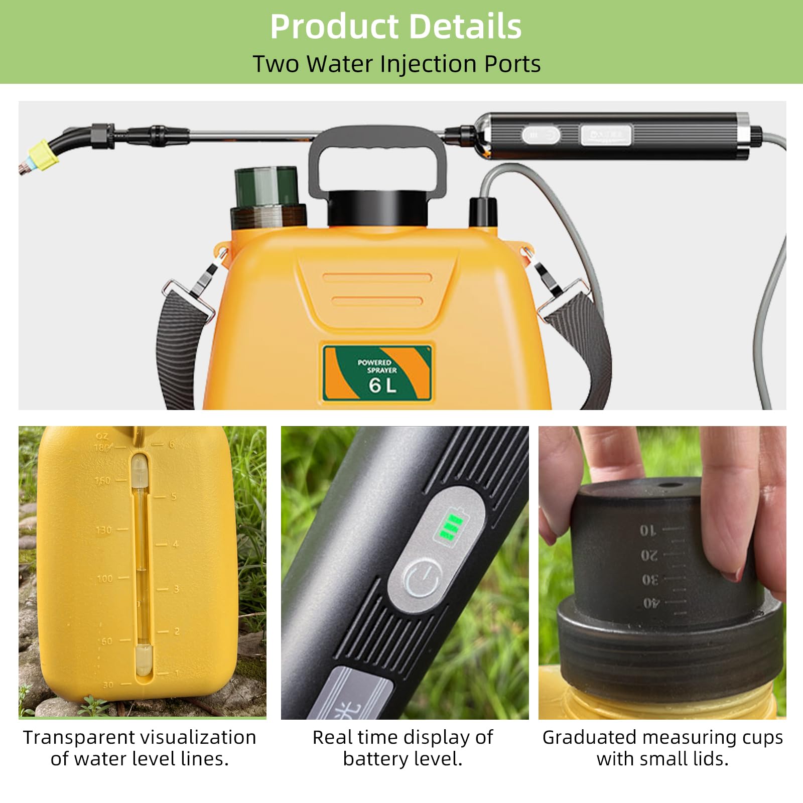 Spruzzatore a pressione a batteria da 6 l, con lancia e 3 ugelli regolabili per la schiena con batteria agli ioni di litio da 4000 mAh, per giardino/cantina/prato (arancione)