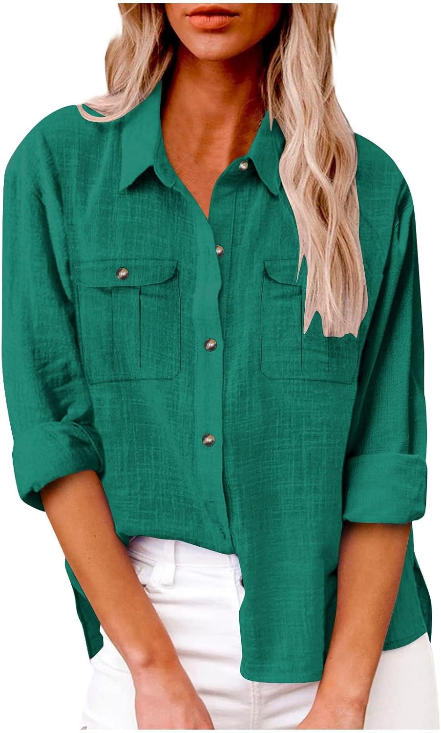 Linen Shirts for Women Summer Long Sleeve Lapel Button Down Shirt Lightweight Gauze Tops Loose Casual Blouses