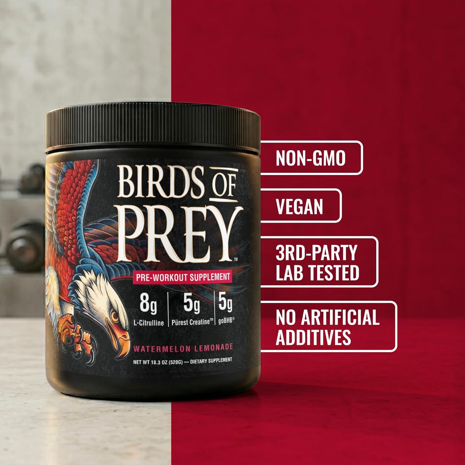 Birds of Prey goBHB® Caffeine-Free Pre-Workout Powder - Smart Energy, Supports Blood Flow, Endurance & Mental Clarity | Natural Performance Support | 30 Servings (Watermelon Lemonade)