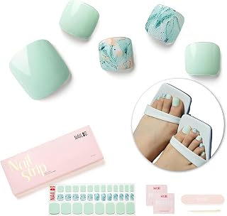 NAILOG Semi Cured Gel Nail Strips, Toe Nail Polish Strips with Glossy Gel Finishing | Buy 3 Get 1 UV Lamp| 32 Pieces Long Lasting Pedi Stickers| Baby Blue