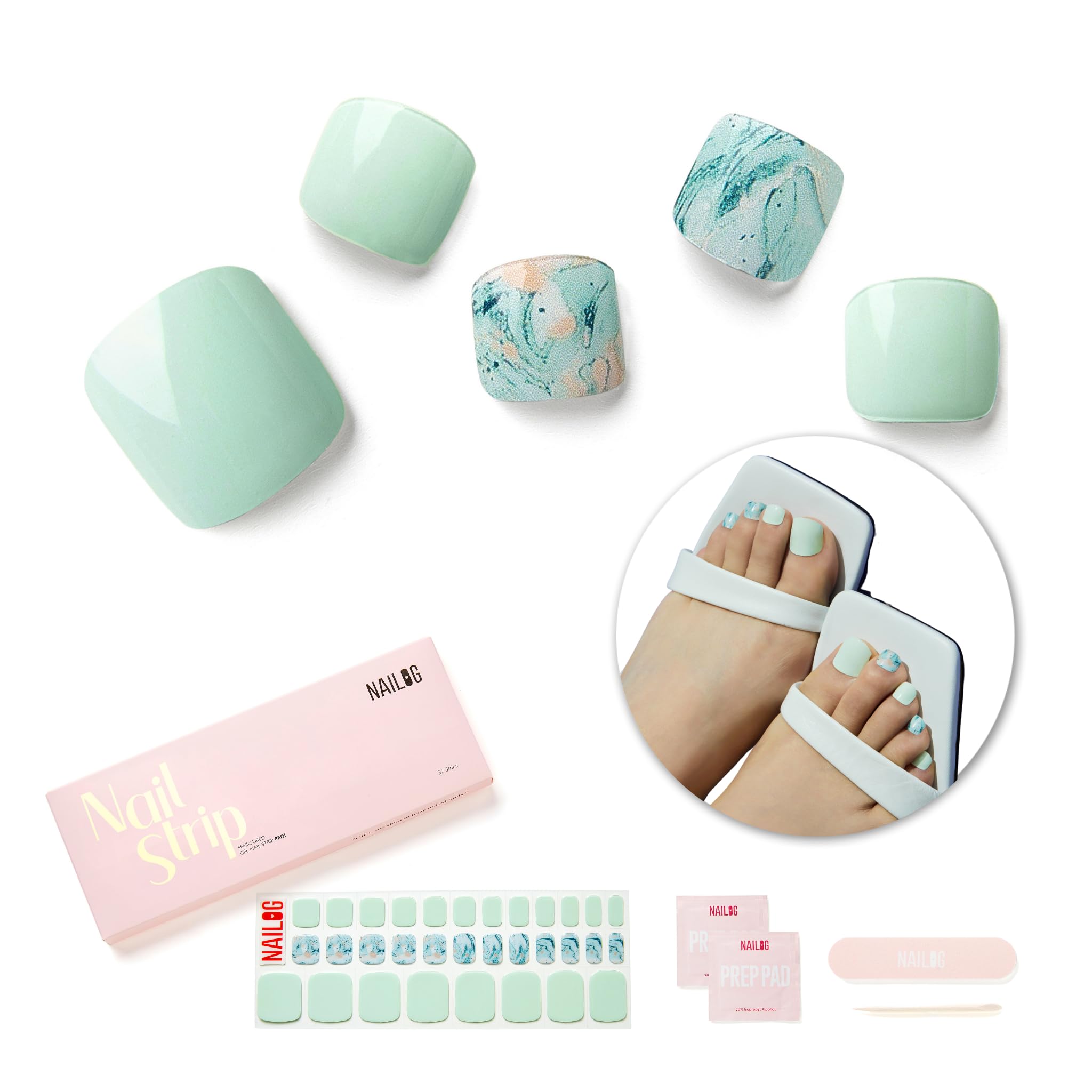 NAILOG Semi Cured Gel Nail Strips, Toe Nail Polish Strips with Glossy Gel Finishing | Buy 3 Get 1 UV Lamp| 32 Pieces Long Lasting Pedi Stickers| Baby