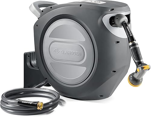 GLAHODEN Carrete de manguera de jardín retráctil de 12 pulgada x 100 pies, resistente a los rayos UV, resistente, carrete de manguera automático,