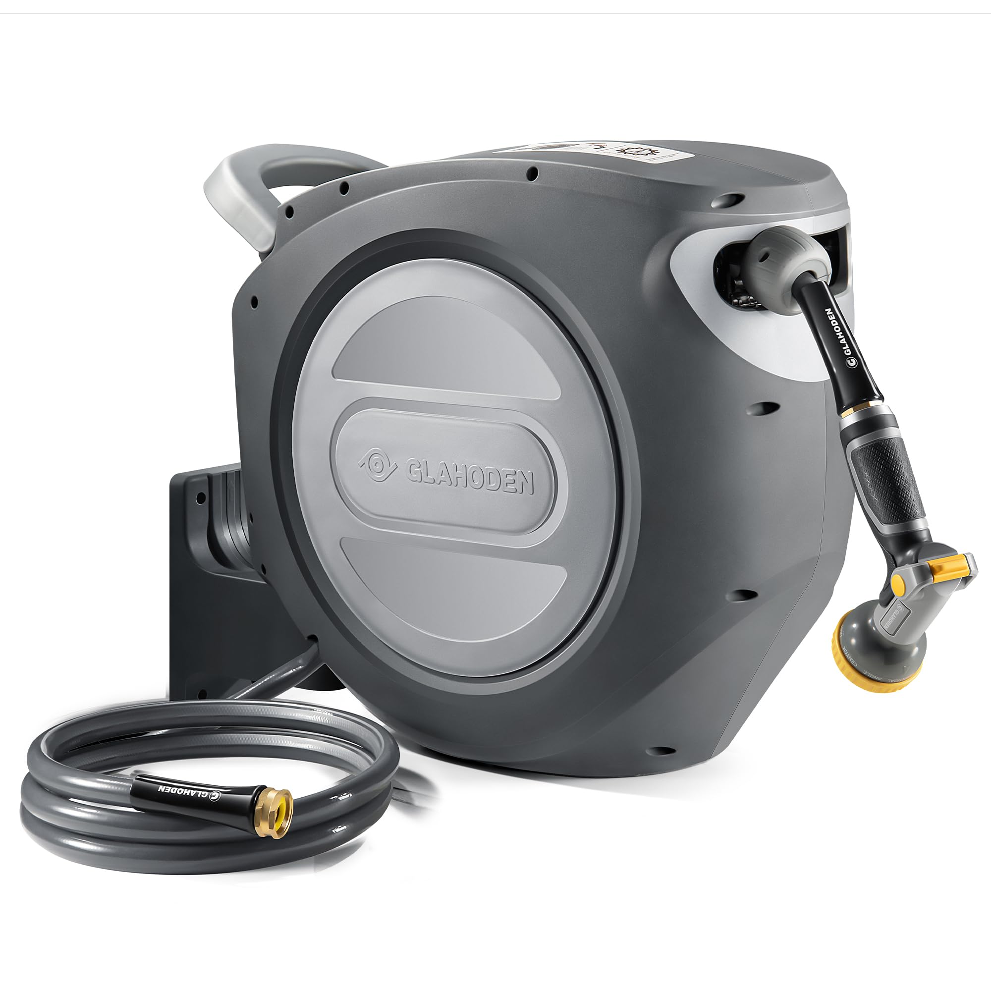 GLAHODEN Retractable Garden Hose Reel 1/2 in x 100 ft Upgraded UV Resistant Heavy Duty Automatic Hose Reel Wall Mount 3/4 in Brass Fitting 9 Pattern Nozzle Any Length Lock Slow Retraction 180° Swivel