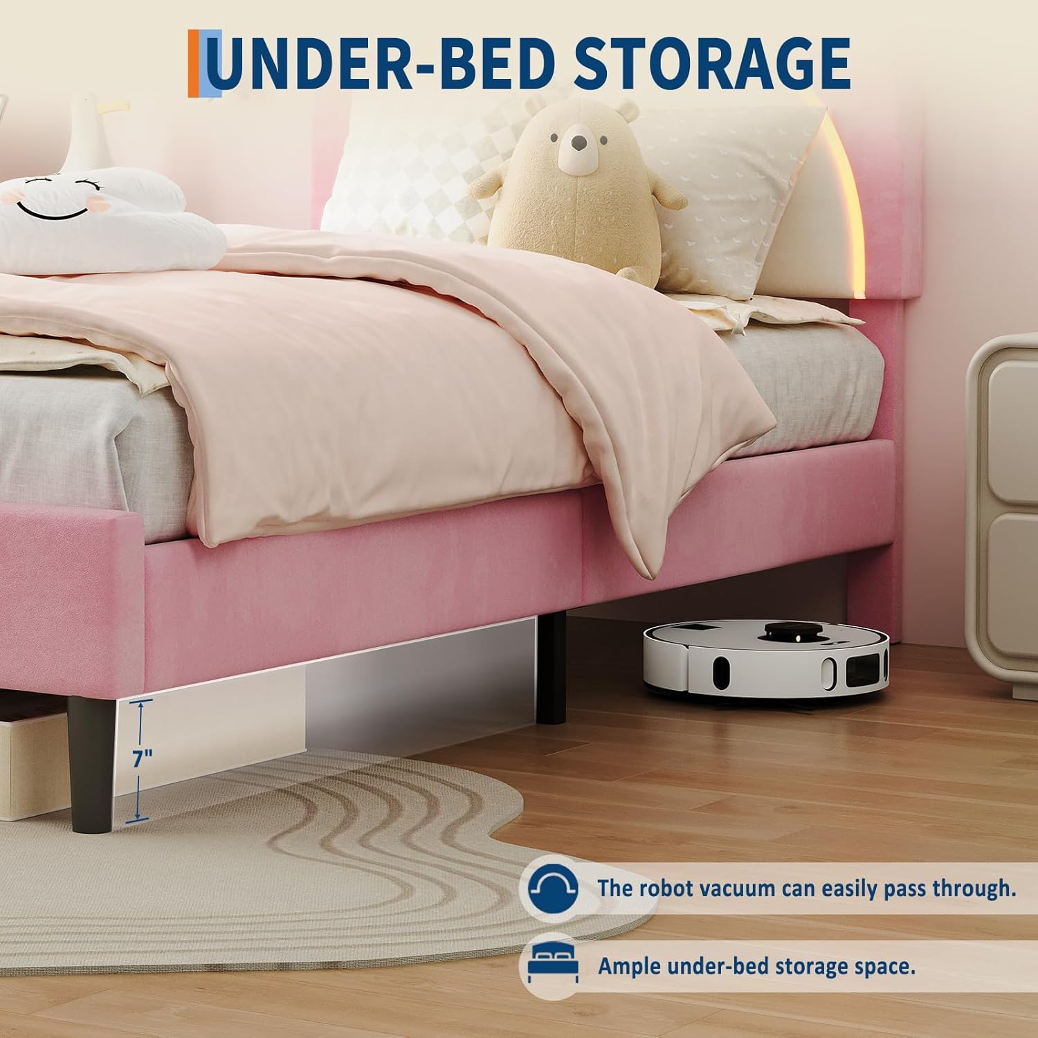 GarveeHome Twin XL Size with LED Lights,Adjustable Headboard with Cute Bear Design,Soft Velvet Fabric Bed Frame for Kids,Solid Wood Slat Support,Noise-Free,Easy Assembly,Pink