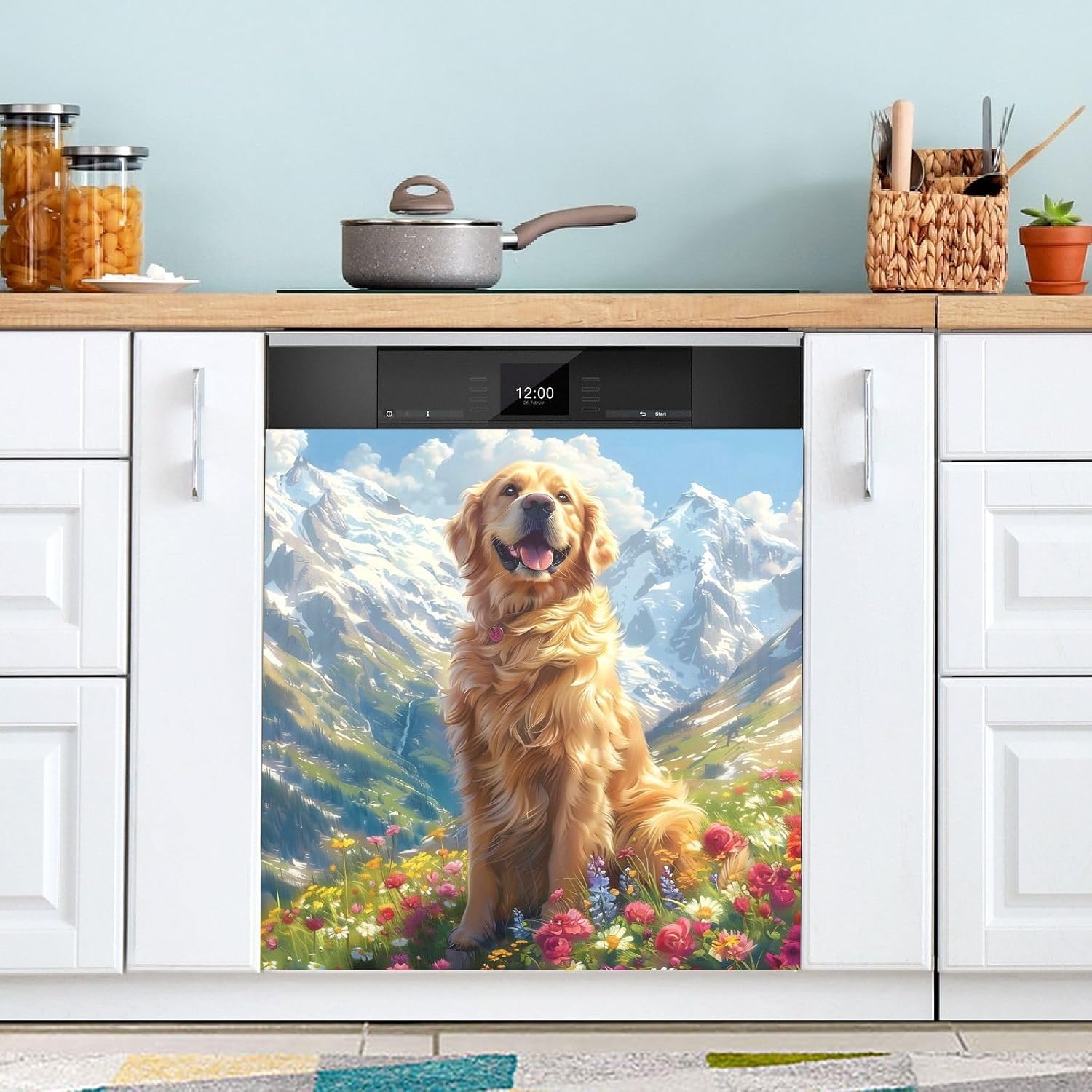 Dishwasher Magnet Cover Large Magnetic Stickers Dog Snow Mountain Front Dishwasher Cover for Home Kitchen Refrigerator Decorative Lid