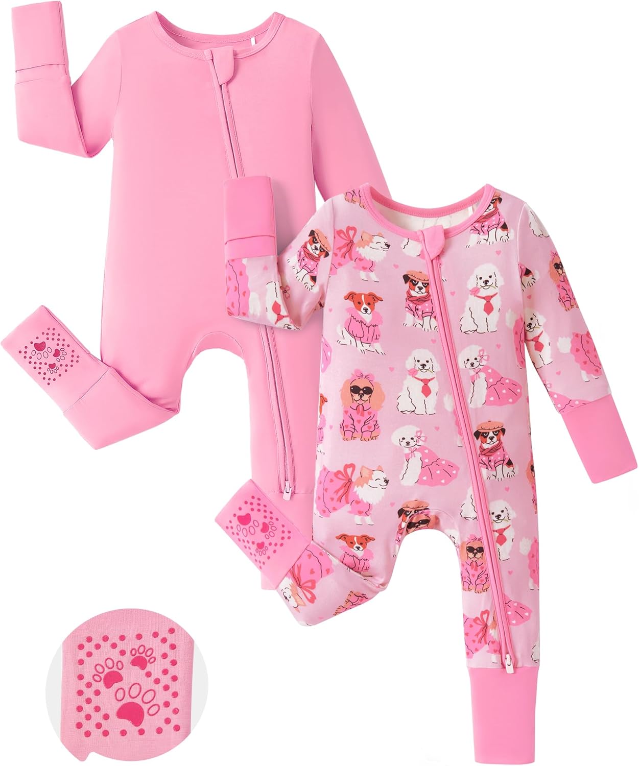 PATPAT Baby Footie Romper, Viscose from Bamboo, Long Sleeve, 2-Way Zipper, Fold-Over Mittens, Cuffs & Anti-Slip Grips