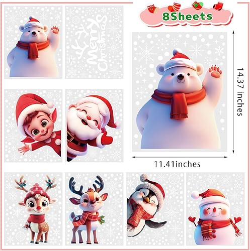 Miniatura 2 de CCINEE 8 hojas de calcomanías navideñas para ventana, de doble cara, copos de nieve, Papá Noel, reno, muñeco de nieve, calcomanías para decoración