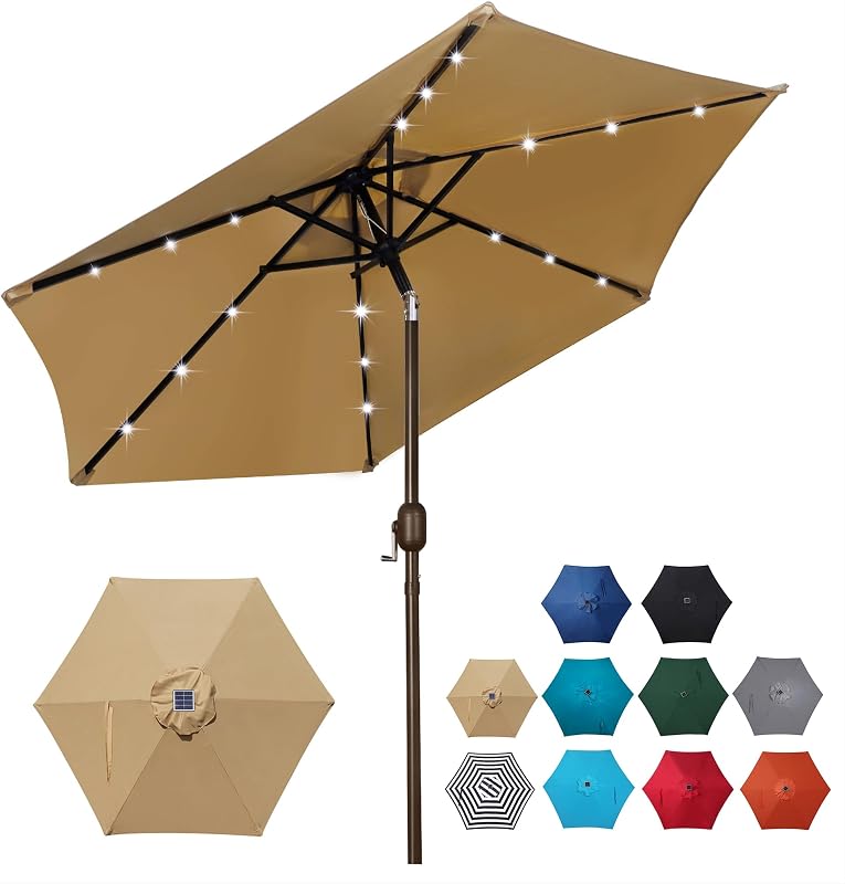 Sombrilla solar de 7,5 pies, Sombrilla de patio con iluminación LED de 18, Sombrilla de mercado de mesa