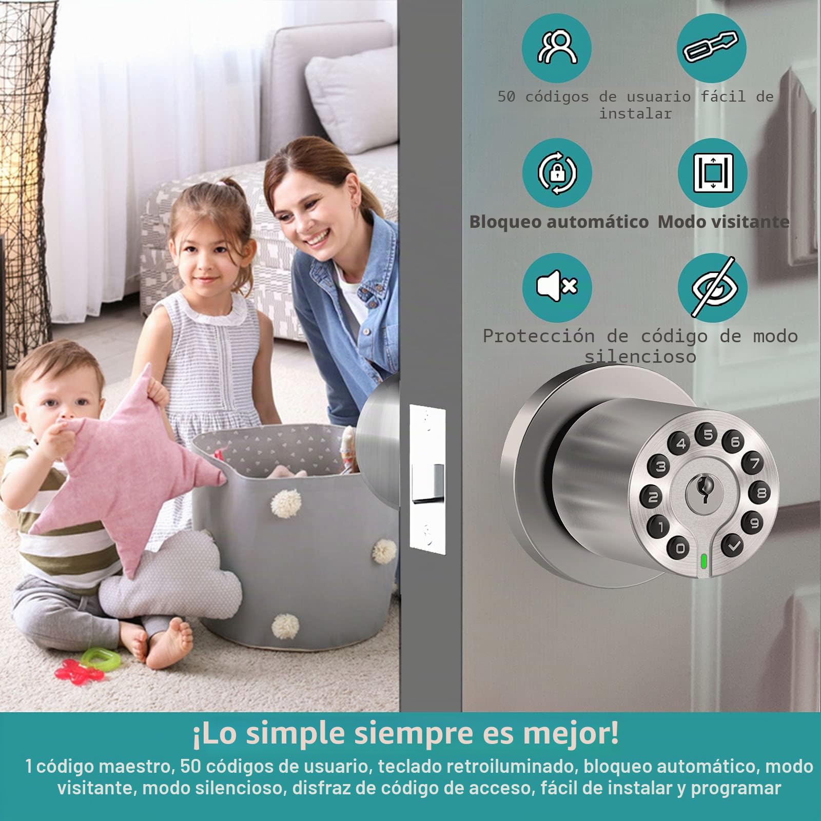 BOTHSTAR Pomo de puerta con teclado con llave, cerradura de puerta de entrada sin llave, cerradura de código, cerradura automática, código de usuario 50, fácil de instalar, para el hogar, oficina,