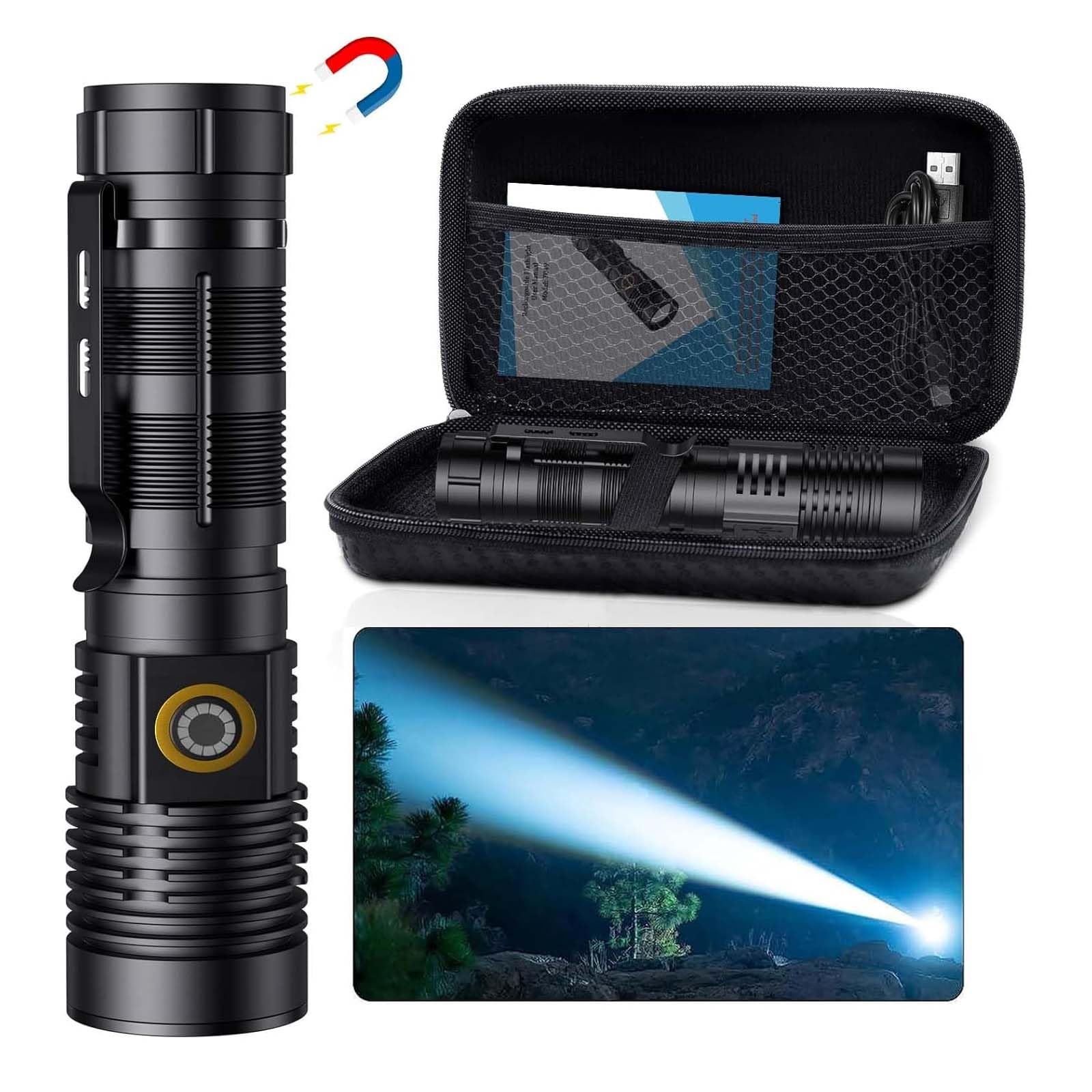 Hoxida Small Tactical Flashlights High Lumens - 1500 Meters Long Beam Super Bright LED Magnetic Flashlight USB Rechargeable Zoomable 5Modes Long Beam
