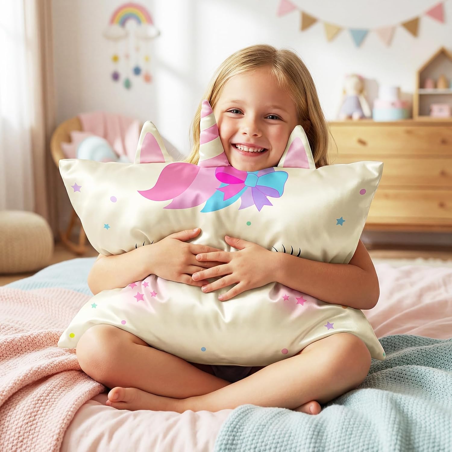 Toddler Pillowcase 20x30 Kids Pillowcase Unicorn, Cute Satin Pillow Cases with Envelope Pocket, Girls Pillow Covers for Hair Skin