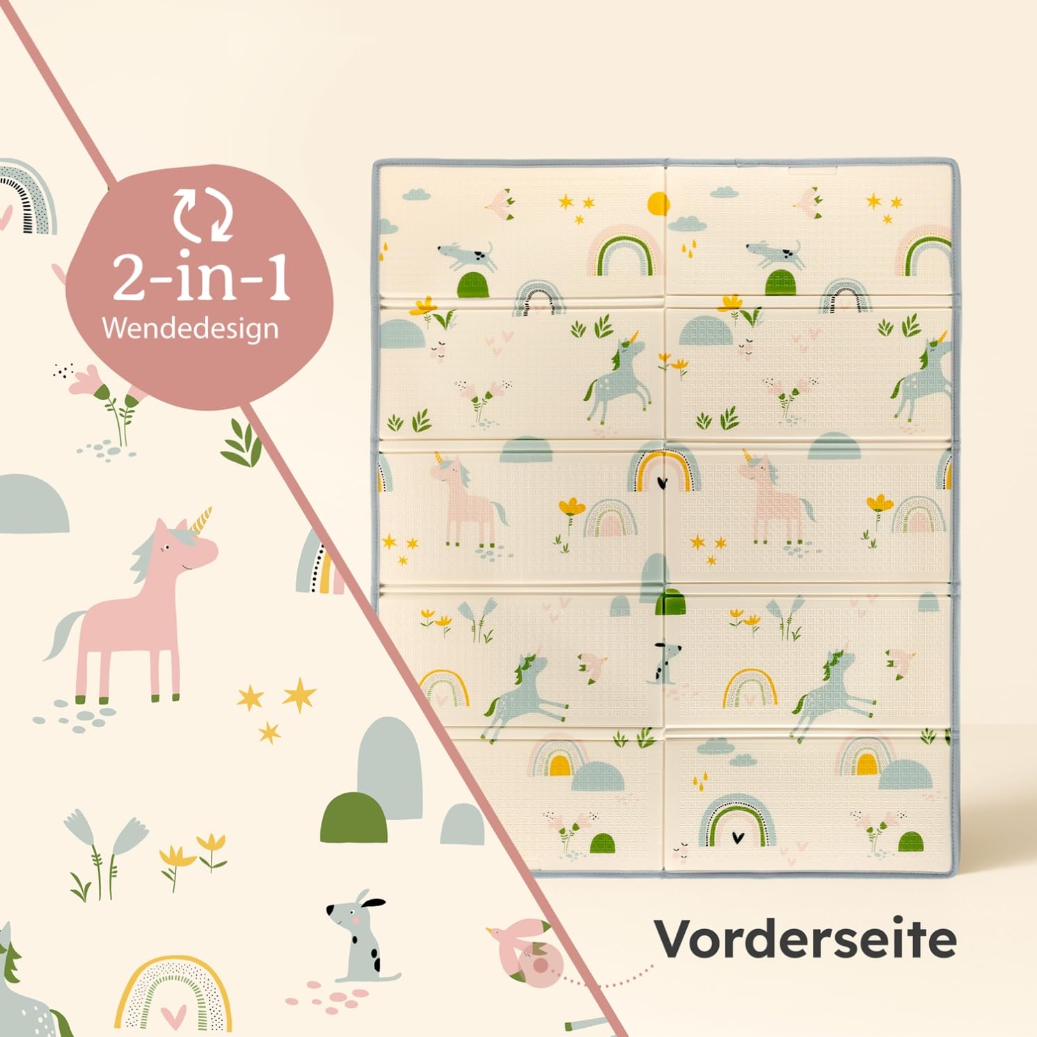 Laleni Krabbelmatte Baby 120x150x1 cm - wasserdichte Spielmatte Baby faltbar - isolierende Bodenmatte Kinder - weich & schützt vor kaltem Untergrund - Krabbeldecke outdoor & indoor - Einhorn-Motiv