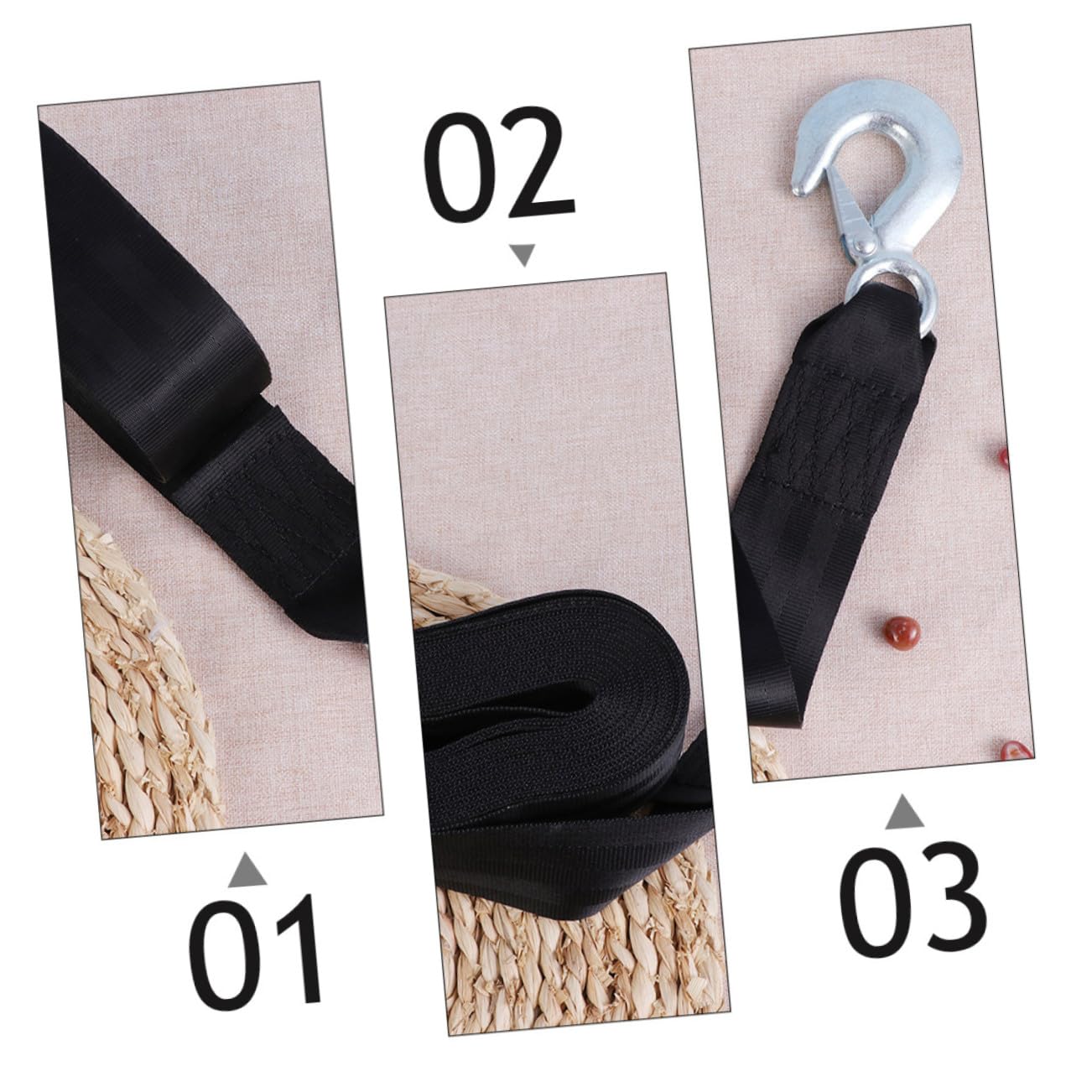 Cinghia Sicura e Anti-vibrazione in Poliestere Nero per Verricello Rimorchio Larghezza 4,7cm con Gancio di Acciaio per Carichi Fino a 1,5 Tonnellate