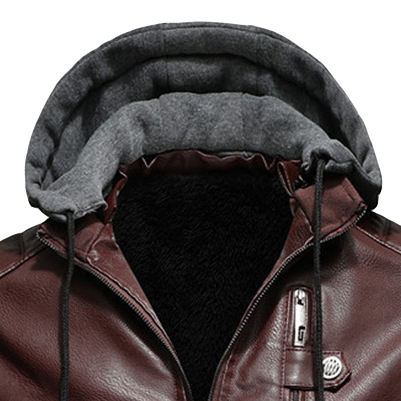 Maiyifu-GJ Men's Faux Leather Hooded Jacket Vintage PU Moto Windproof Hoodie Coat Winter Warm Fleece Lined Motorcycle Jacket (Red Wine,5X-Large)