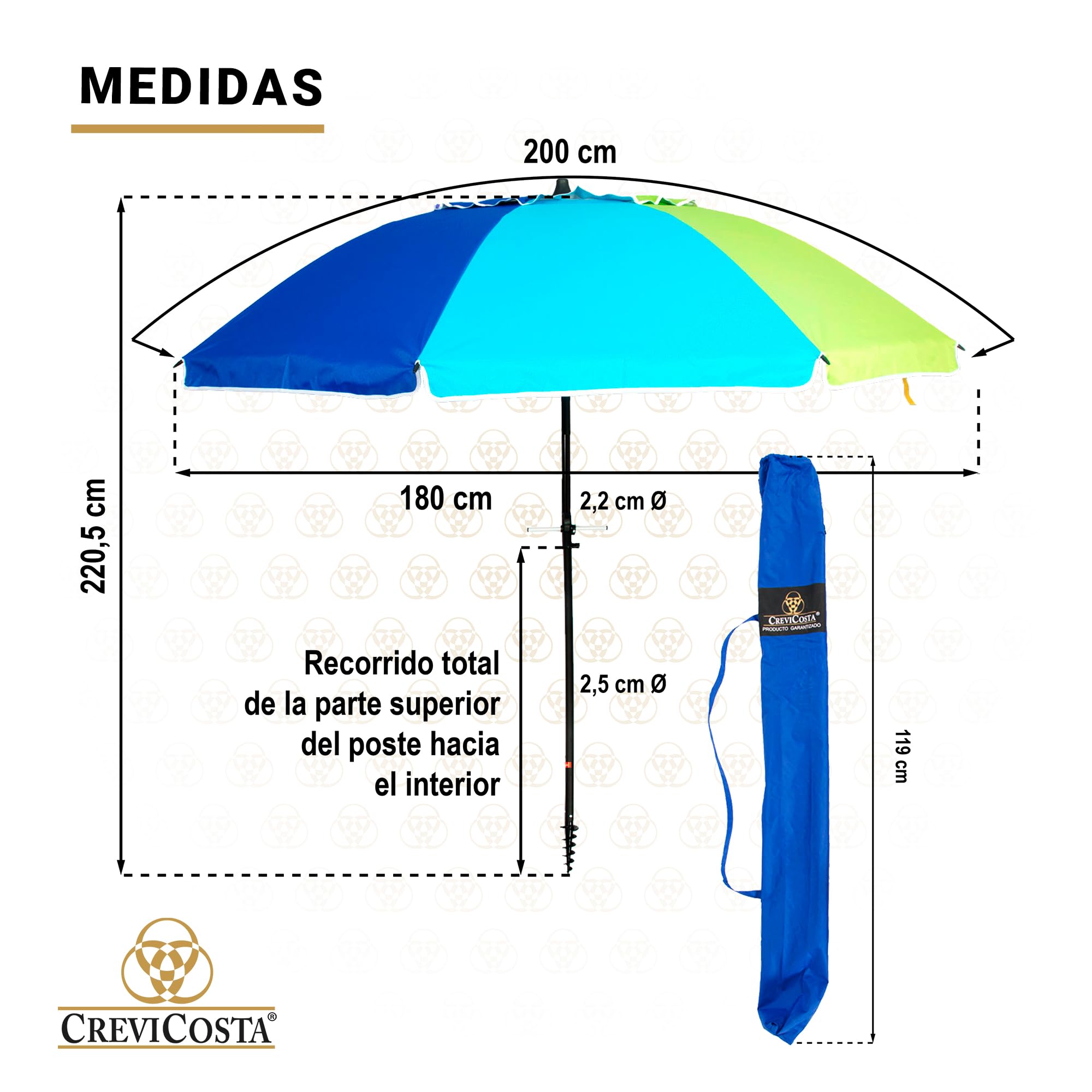 Ombrellone da spiaggia modello 200 cm con spirale e palo di viaggio totale. 8 aste di protezione totale contro i raggi UV