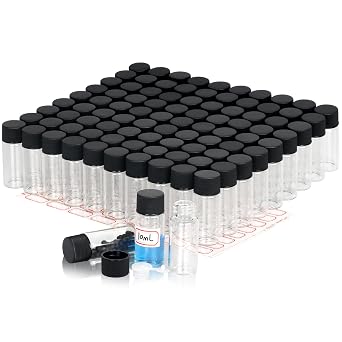 Alyoen 10ml Clear Glass Vials, 100 Pack Small Glass Lab Vials with Screw Caps, Plastic Stoppers and Label Papers, Leak-Proof Liquid Sample Vial for Essential Oil, Reagent, Seeds