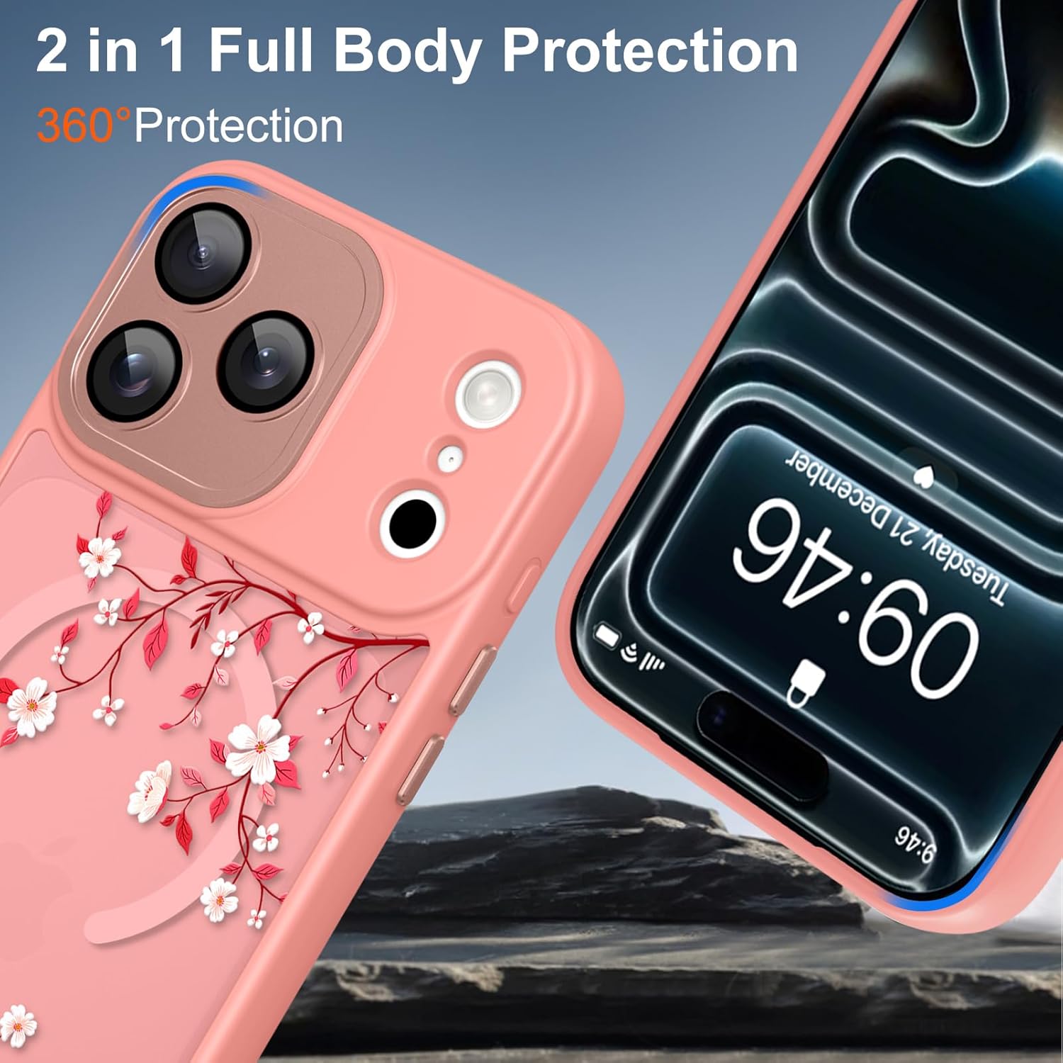TEAUGHT Compatible for iPhone 17 Pro Max Case Magnetic Compatible with MagSafe, Cute Flowers Floral Leaves Design Translucent Soft Shockproof High-Duty Protection Phone Cover for Women Girls, Pink
