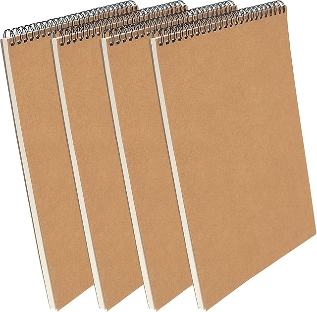 PINGEUI 4 PCS A4 Spiral Sketchbook, 160gsm Blank Kraft Spiral Bound Notebook, Kraft Cover Sketch Book for Portrait, Memo, Note, Diary Plan, Meeting Record, 60 Pages/30 Sheets