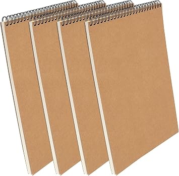 PINGEUI 4 PCS A4 Spiral Sketchbook, 160gsm Blank Kraft Spiral Bound Notebook, Kraft Cover Sketch Book for Portrait, Memo, Note, Diary Plan, Meeting Record, 60 Pages/30 Sheets