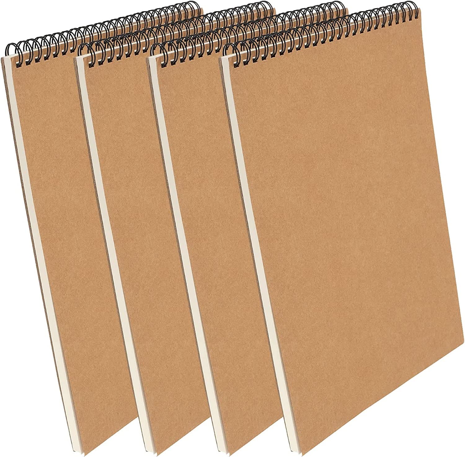 PINGEUI 4 PCS A4 Spiral Sketchbook, 160gsm Blank Kraft Spiral Bound Notebook, Kraft Cover Sketch Book for Portrait, Memo, Note, Diary Plan, Meeting Record, 60 Pages/30 Sheets