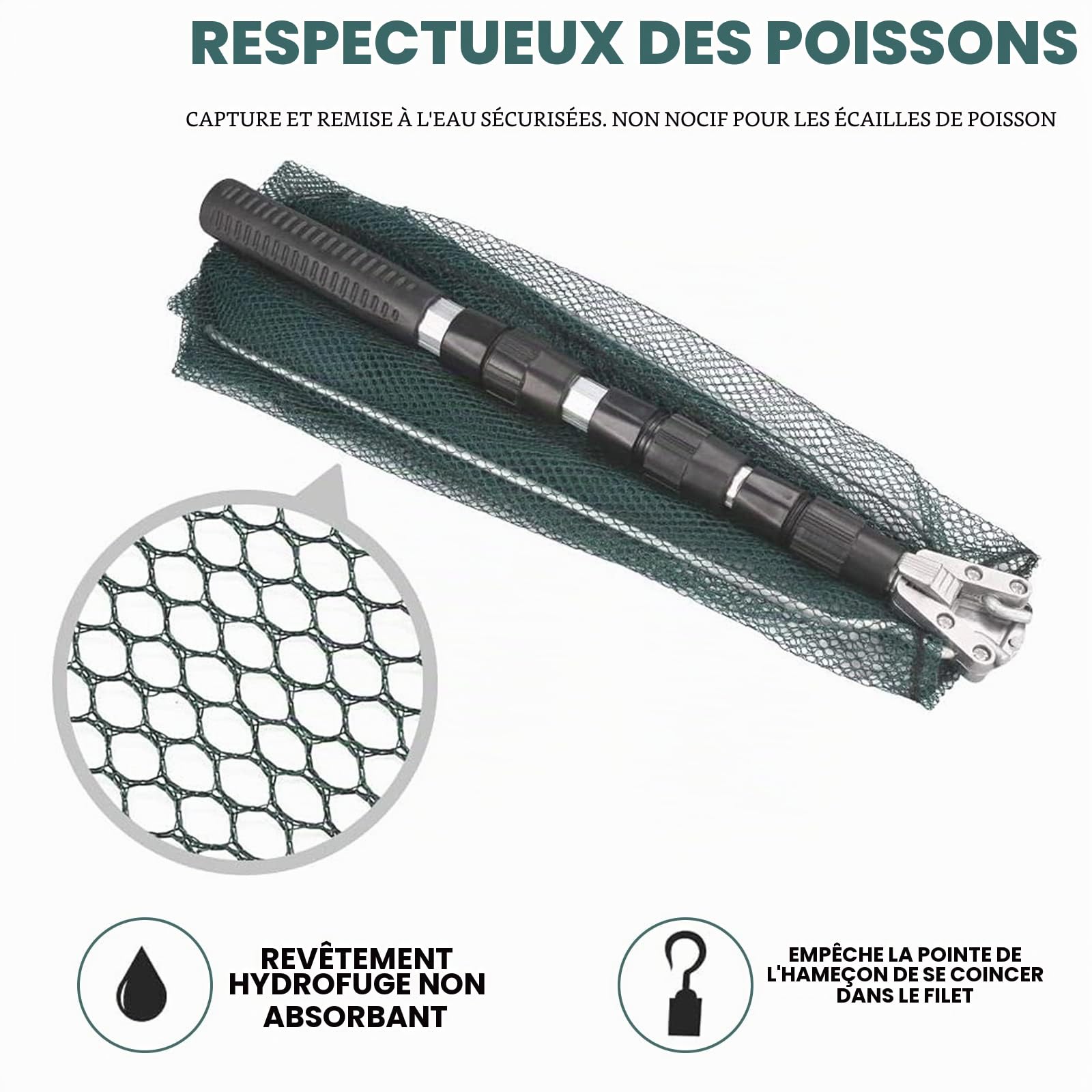 KK'S GLAMS® Épuisette de pêche télescopique – Pliable, extensible, poignée en alliage d'aluminium de 1,5 m, légère et portable pour attraper les oiseaux et les poissons