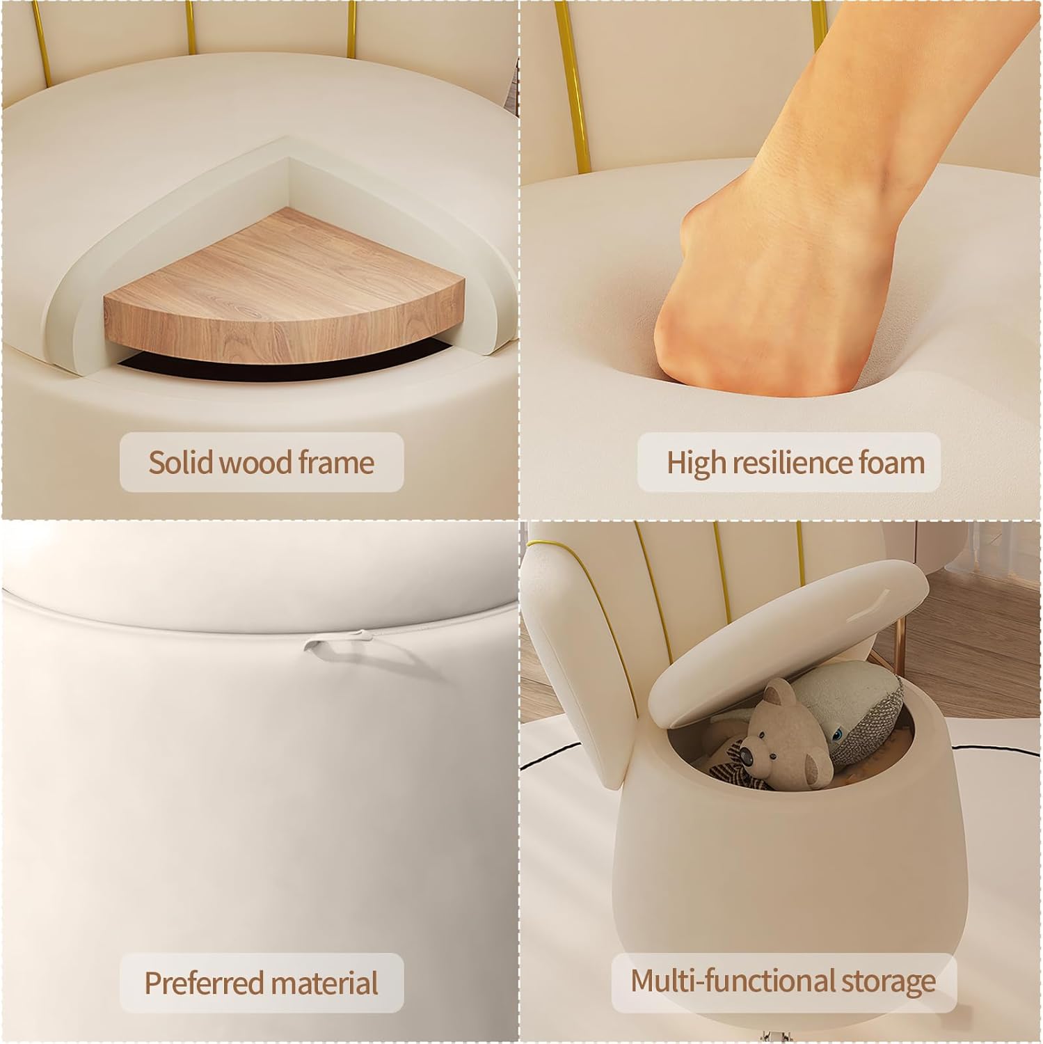 Vanity Chair,Makeup Storage with Backrest,Upholstered Dressing Chair,Swivel Rolling Wheels,Makeup Stool Seating for Bedroom,Modern Make Up Chairs for Girls,Women (White)