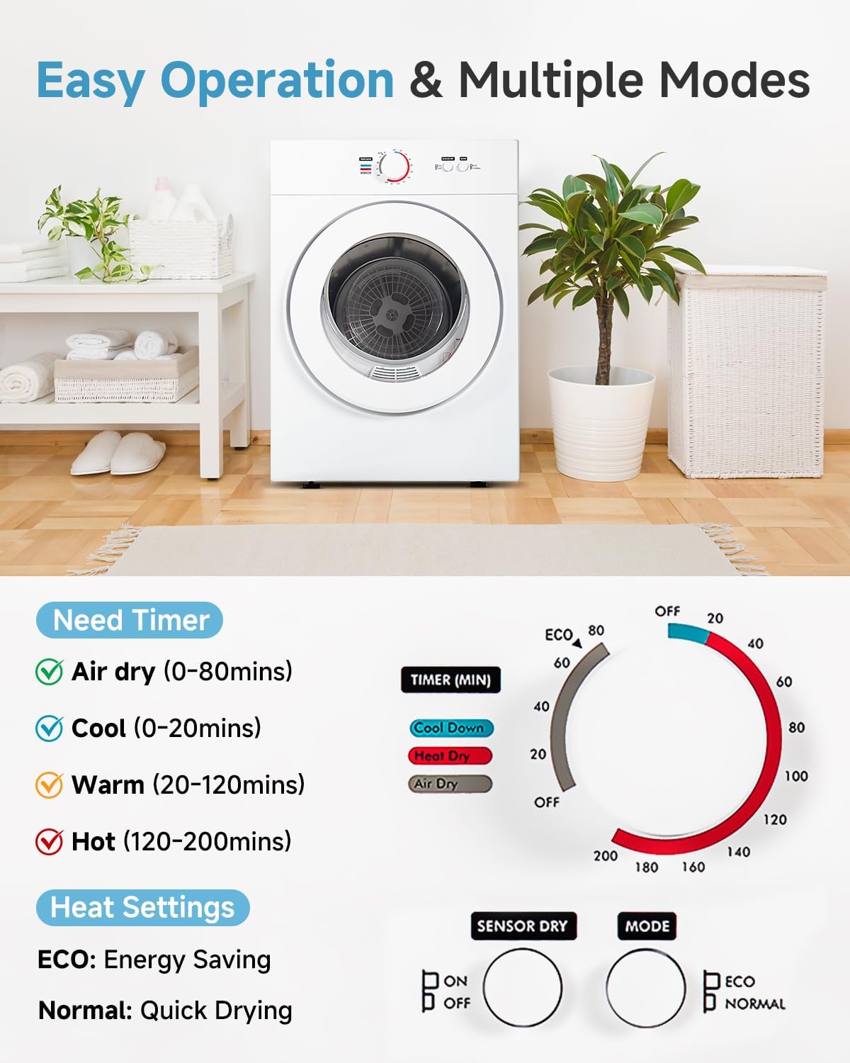 1.8 Cu.Ft Compact Dryer - 1020W Portable Clothes Dryer with Stainless Steel Tub, Front Load Tumble, Four Functions - Compact Drying Unit for Laundry, Apartments, Dorms