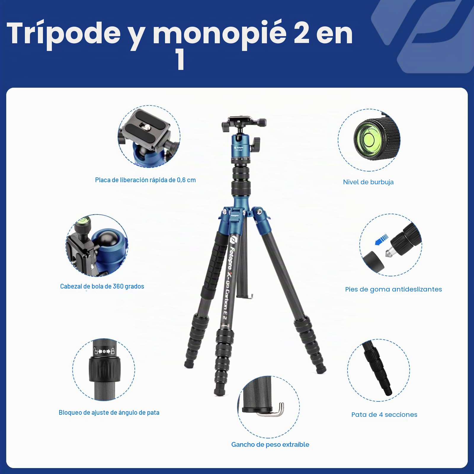 Fotopro Trípode de Viaje de Fibra de Carbono de 59 Pulgadas, trípode de cámara Compacto con Cabeza de Bola, monopie Desmontable con Placa de liberación rápida y Bolsa, Carga hasta 8 kg (Azul)