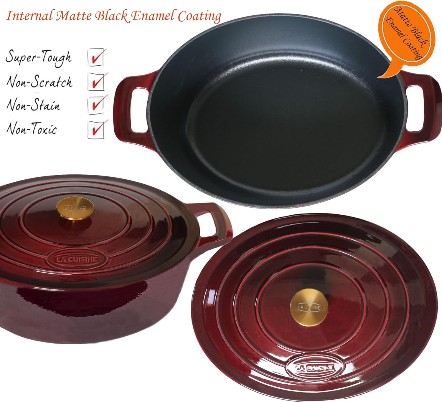 La Cuisine Enameled Cast Iron Oval Dutch Oven Casserole Dish Pot with Lid 5 QT Internal Matt Black Enamel Coating, Cranberry, Gold-Plated Stainless Steel Lid Handle, Oven Safe