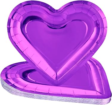 20 Pcs Metallic Foil Heart Shaped Disposable Paper Plates, 10 Inch Decorative Serving Trays for Valentines Day Wedding Anniversary Bridal Shower Romantic Birthday Party, Table Supplies Purple