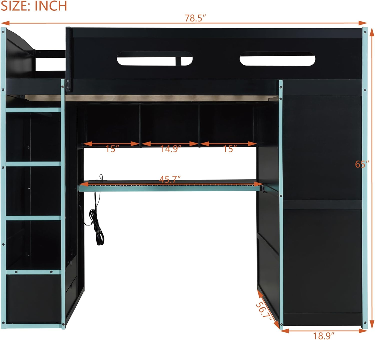 Dimensions diagram of the KLMM Full Size Wood Gaming Loft Bed